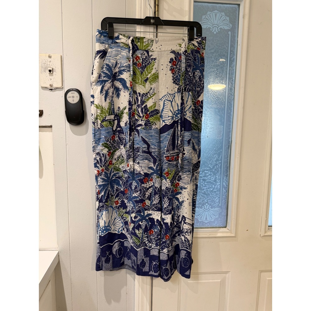 Tropical Island Print Wide Leg Pants Blue White Toucan Palm Tree Coastal Summer